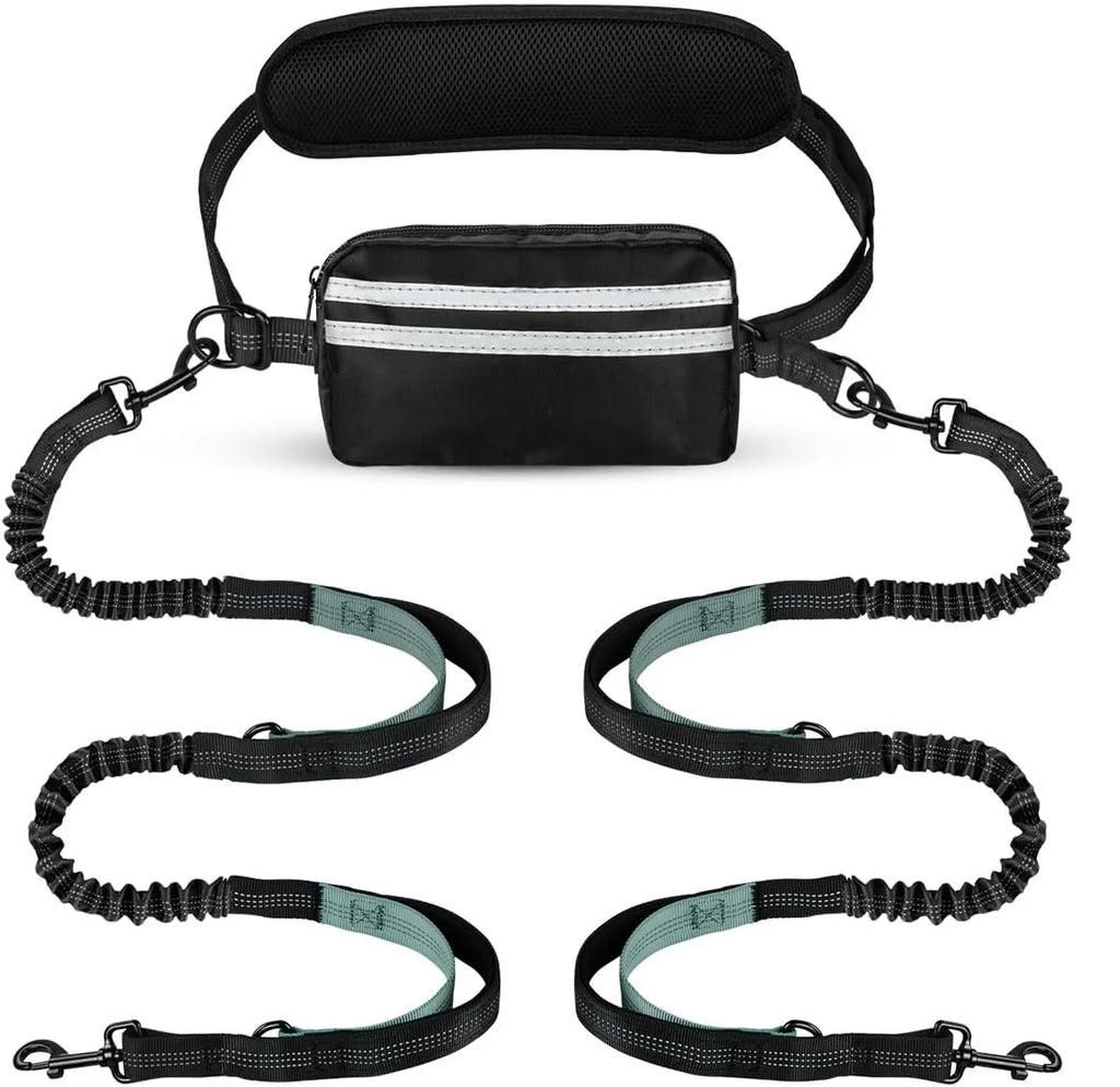 Hands Free Double Leash for Two Dogs with Pouch