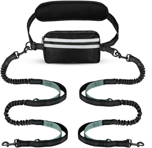 Hands Free Double Leash for Two Dogs with Pouch