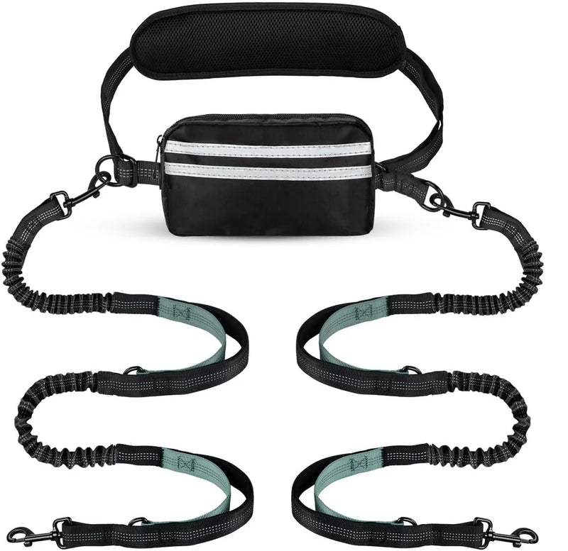 Hands Free Double Leash for Two Dogs with Pouch